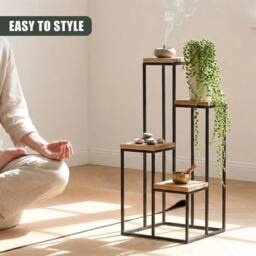 EONLION 4 Tier Plant Stand Metal Wood Modern Flower Pot in Brown
