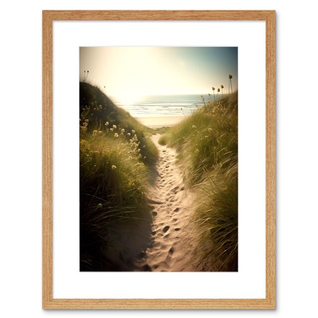 "Artery8 Wall Art Print Summer Beach Path Photograph Bright Sunny Sandy Coastal Landscape Seascape Artwork Framed 9X7 Inch in Beige - Size: W7"" x H9""" - image 1