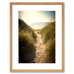 "Artery8 Wall Art Print Summer Beach Path Photograph Bright Sunny Sandy Coastal Landscape Seascape Artwork Framed 9X7 Inch in Beige - Size: W7"" x H9""" - thumbnail 1
