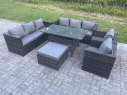 Fimous Outdoor Lounge Sofa Garden Furniture Set Patio Rattan Dining Table 2 Armchair Big Footstool 9 Seater in Dark Grey - thumbnail 2