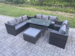 Fimous Outdoor Lounge Sofa Garden Furniture Set Patio Rattan Dining Table 2 Armchair Big Footstool 9 Seater in Dark Grey - thumbnail 1
