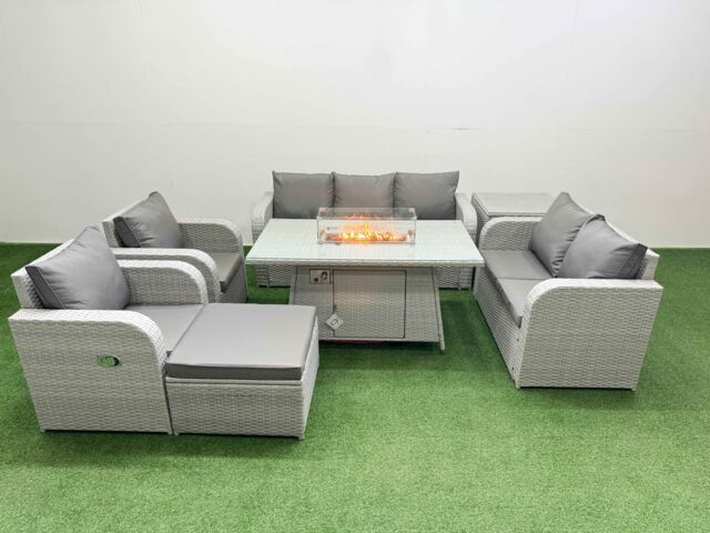 Fimous PE Rattan Garden Furniture Set Reclining Chair Sofa Double Love Seat 2 Seater Sofa Lounge Set Firepit Dining Table Big Footstool Side Table - image 1