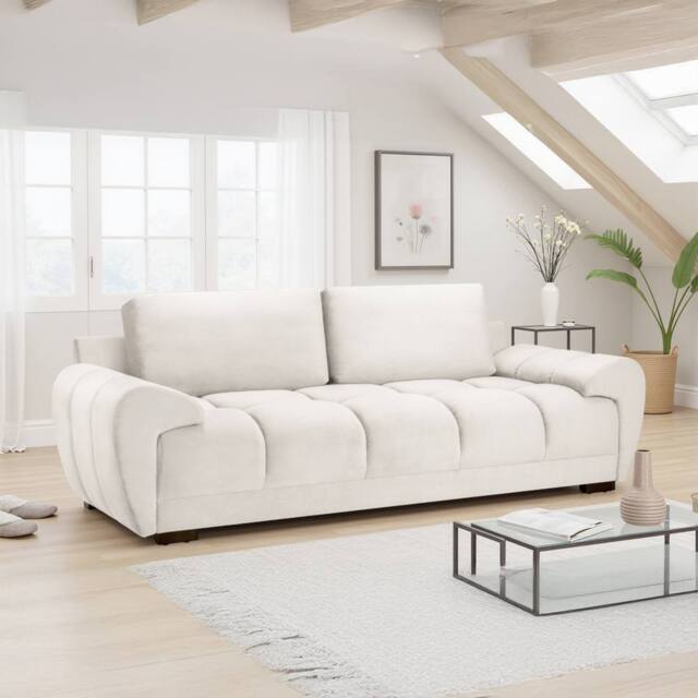 Furnishings For Less UK Zura Cream Fabric Large 3 Seater Sofa Pillow Back Wooden Legs - image 1