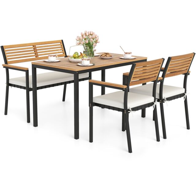 Gymax Set of 4 Patio Dining Set 4 PCS Outdoor Wood Metal Furniture-White in White - image 1