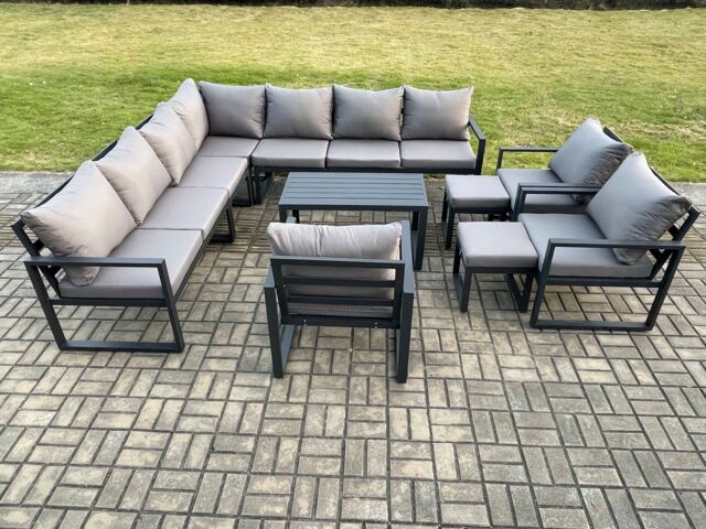 Fimous Aluminium Outdoor Garden Furniture Set Lounge Corner Sofa 3 Pcs Chair Oblong Coffee Table Sets with 2 Small Footstools Dark Grey
