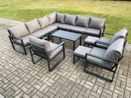 Fimous Aluminium Outdoor Garden Furniture Set Lounge Corner Sofa 3 Pcs Chair Oblong Coffee Table Sets with 2 Small Footstools Dark Grey - thumbnail 2
