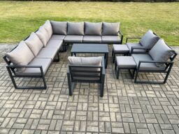 Fimous Aluminium Outdoor Garden Furniture Set Lounge Corner Sofa 3 Pcs Chair Oblong Coffee Table Sets with 2 Small Footstools Dark Grey - thumbnail 1