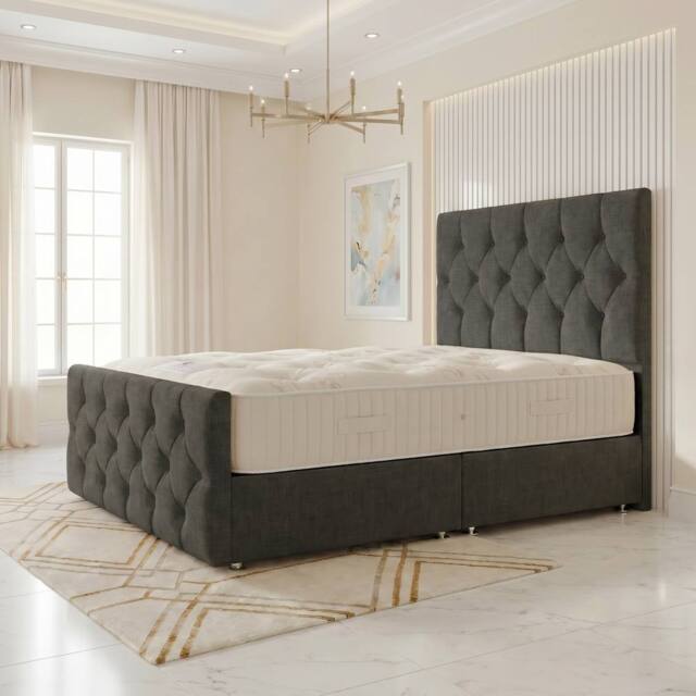 "Somnior Ziggy Linen Divan Bed Mattress No Draw 54"" Headboard & 22"" Footboard in Dark Grey - Size: King" - image 1