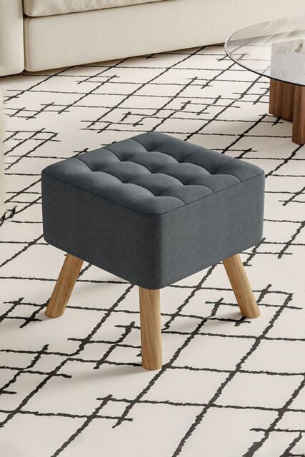 Living and Home Dark Grey Linen Padded Wooden Leg Square Footstool - image 1