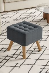 Living and Home Dark Grey Linen Padded Wooden Leg Square Footstool - thumbnail 1