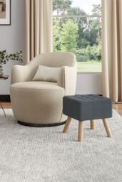 Living and Home Dark Grey Linen Padded Wooden Leg Square Footstool - thumbnail 6