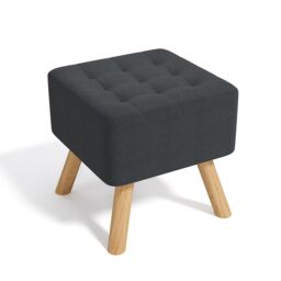 Living and Home Dark Grey Linen Padded Wooden Leg Square Footstool - thumbnail 2