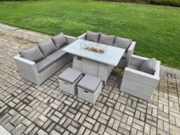 Fimous 9 Seater Outdoor Garden Dining Sets Rattan Furniture Gas Fire Pit Dining Table Gas Heater with Chair 2 Footstools in Light Grey - thumbnail 1