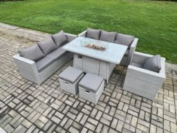 Fimous 9 Seater Outdoor Garden Dining Sets Rattan Furniture Gas Fire Pit Dining Table Gas Heater with Chair 2 Footstools in Light Grey - thumbnail 3