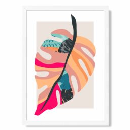 ARTZE Tropical Monstera Blue & Pink Boho Botanical Framed Print SIZE: A2 with White Frame in Mid Blue - Size: A4 - thumbnail 1