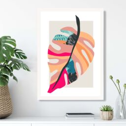 ARTZE Tropical Monstera Blue & Pink Boho Botanical Framed Print SIZE: A2 with White Frame in Mid Blue - Size: A4 - thumbnail 2