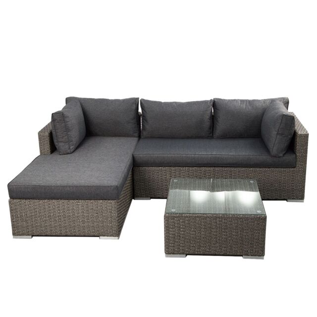FURNITURE ONE Rattan Garden Corner Sofa Set, 3 Piece L-Shaped Corner Sofa, Tempered Glass Table - Fully Assembled in Light Grey
