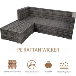 FURNITURE ONE Rattan Garden Corner Sofa Set, 3 Piece L-Shaped Corner Sofa, Tempered Glass Table - Fully Assembled in Light Grey - thumbnail 5