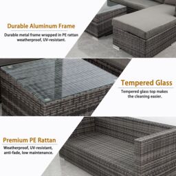 FURNITURE ONE Rattan Garden Corner Sofa Set, 3 Piece L-Shaped Corner Sofa, Tempered Glass Table - Fully Assembled in Light Grey - thumbnail 4