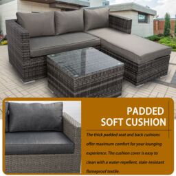 FURNITURE ONE Rattan Garden Corner Sofa Set, 3 Piece L-Shaped Corner Sofa, Tempered Glass Table - Fully Assembled in Light Grey - thumbnail 2