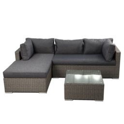 FURNITURE ONE Rattan Garden Corner Sofa Set, 3 Piece L-Shaped Corner Sofa, Tempered Glass Table - Fully Assembled in Light Grey - thumbnail 1