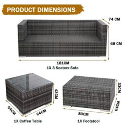 FURNITURE ONE Rattan Garden Corner Sofa Set, 3 Piece L-Shaped Corner Sofa, Tempered Glass Table - Fully Assembled in Light Grey - thumbnail 3