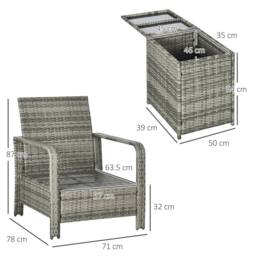 OUTSUNNY 3 PCs PE Rattan Garden Sofa Set w/ 2 Chairs & Storage Table in Blue - thumbnail 3