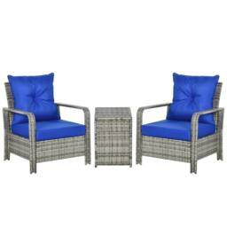 OUTSUNNY 3 PCs PE Rattan Garden Sofa Set w/ 2 Chairs & Storage Table in Blue - thumbnail 2