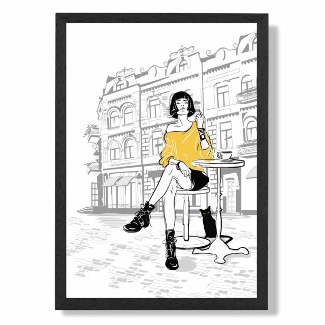ARTZE Paris Caf√© with Cat Style & Fashion Sketch Framed Print SIZE: A4 with Black Frame in Yellow - image 1