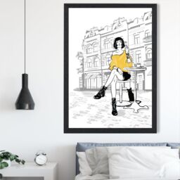 ARTZE Paris Caf√© with Cat Style & Fashion Sketch Framed Print SIZE: A4 with Black Frame in Yellow - thumbnail 2