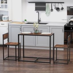 HOMCOM 3 Piece Dining Table Set with Metal Frame in Brown - thumbnail 1