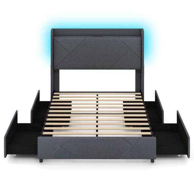 Gymax Upholstered King Size Bed Frame With LED Lights & Charging Station in Grey - image 1