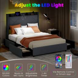 Gymax Upholstered King Size Bed Frame With LED Lights & Charging Station in Grey - thumbnail 2