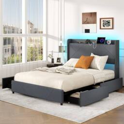 Gymax Upholstered King Size Bed Frame With LED Lights & Charging Station in Grey - thumbnail 7