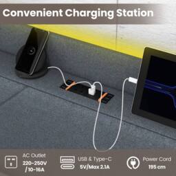 Gymax Upholstered King Size Bed Frame With LED Lights & Charging Station in Grey - thumbnail 3
