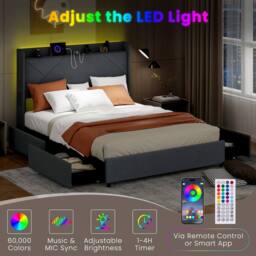 Gymax Upholstered King Size Bed Frame With LED Lights & Charging Station in Grey - thumbnail 8
