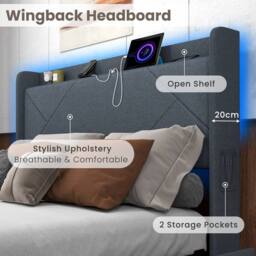 Gymax Upholstered King Size Bed Frame With LED Lights & Charging Station in Grey - thumbnail 9