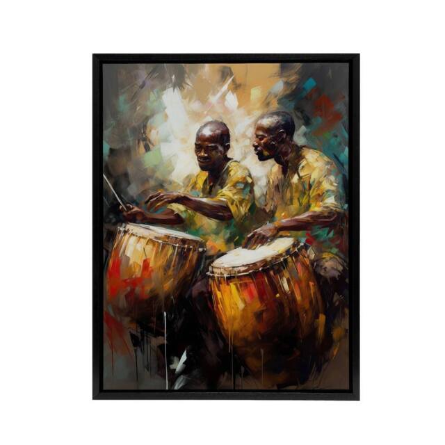 "Artery8 African Music Drum Players Framed Canvas Wall Art Print - Size: W12"" x H16""" - image 1