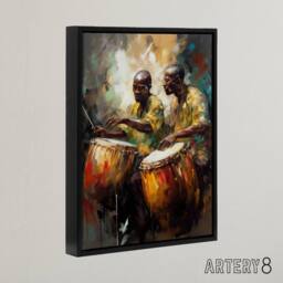 "Artery8 African Music Drum Players Framed Canvas Wall Art Print - Size: W12"" x H16""" - thumbnail 2