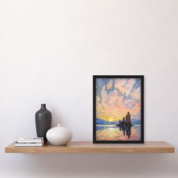 Artery8 Sunrise Atmospheric Clouds Over Mono Lake Mountain Lakeside Landscape Modern Watercolour Painting Artwork Framed Wall Art Print A4 in Black - thumbnail 2