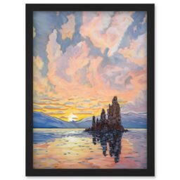 Artery8 Sunrise Atmospheric Clouds Over Mono Lake Mountain Lakeside Landscape Modern Watercolour Painting Artwork Framed Wall Art Print A4 in Black - thumbnail 1