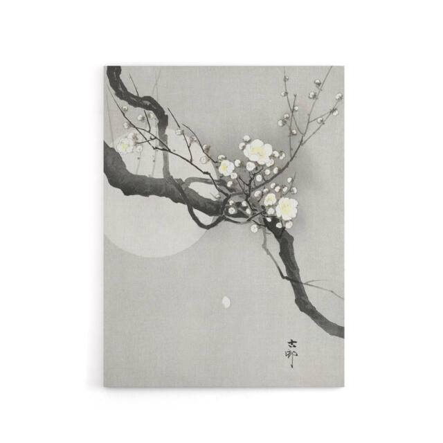 "Artery8 Plum Blossom & Full Moon Canvas Wall Art Print Ohara Koson in Grey - Size: W18"" x H24""" - image 1