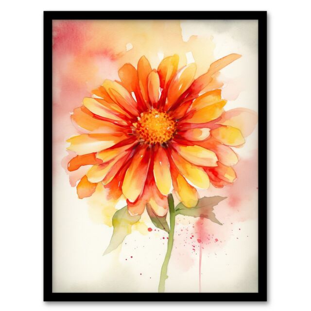 Artery8 Wall Art Print A Single Gerbera Daisy Soft Watercolour Painting Pink Green Orange Spring Bloom Flower Nature Colourful Bright Floral Modern - image 1
