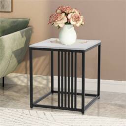 KORVIXA Marble Stone Side Table White Top Black Frame End Side Coffee Tables - Size: 100 cm x 100 cm - thumbnail 3