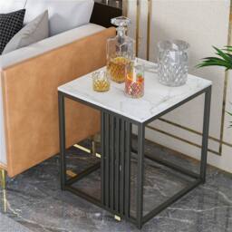 KORVIXA Marble Stone Side Table White Top Black Frame End Side Coffee Tables - Size: 100 cm x 100 cm - thumbnail 5