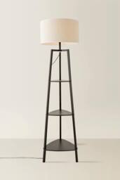 ValueLights Hiru Black 3 Tier Wood Shelf Floor Lamp with Trimmed Linen Drum Shade in White - thumbnail 3