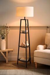 ValueLights Hiru Black 3 Tier Wood Shelf Floor Lamp with Trimmed Linen Drum Shade in White - thumbnail 2
