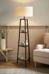 ValueLights Hiru Black 3 Tier Wood Shelf Floor Lamp with Trimmed Linen Drum Shade in White
