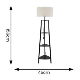 ValueLights Hiru Black 3 Tier Wood Shelf Floor Lamp with Trimmed Linen Drum Shade in White - thumbnail 7