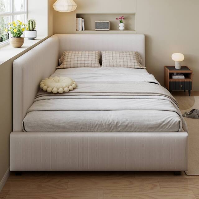 ModernLuxe Upholstered kids bed with L-shaped headboard in Beige - Size: Double - image 1